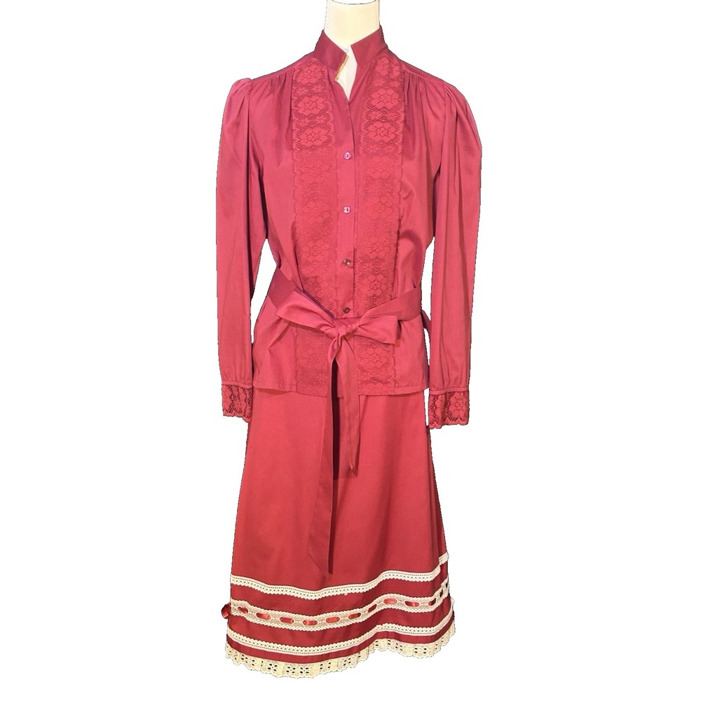 Carefree Fashions 70's Victorian Revival Eyelet Trim Skirt & Shirt Set Women's L